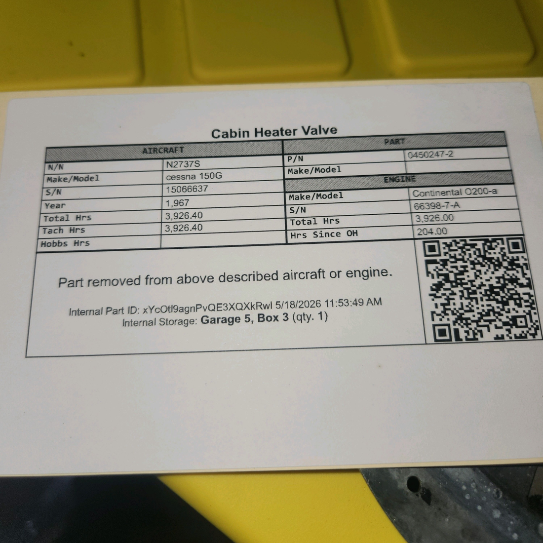Used aircraft parts for sale, 0450247-2 cessna 150G Cabin Heater Valve