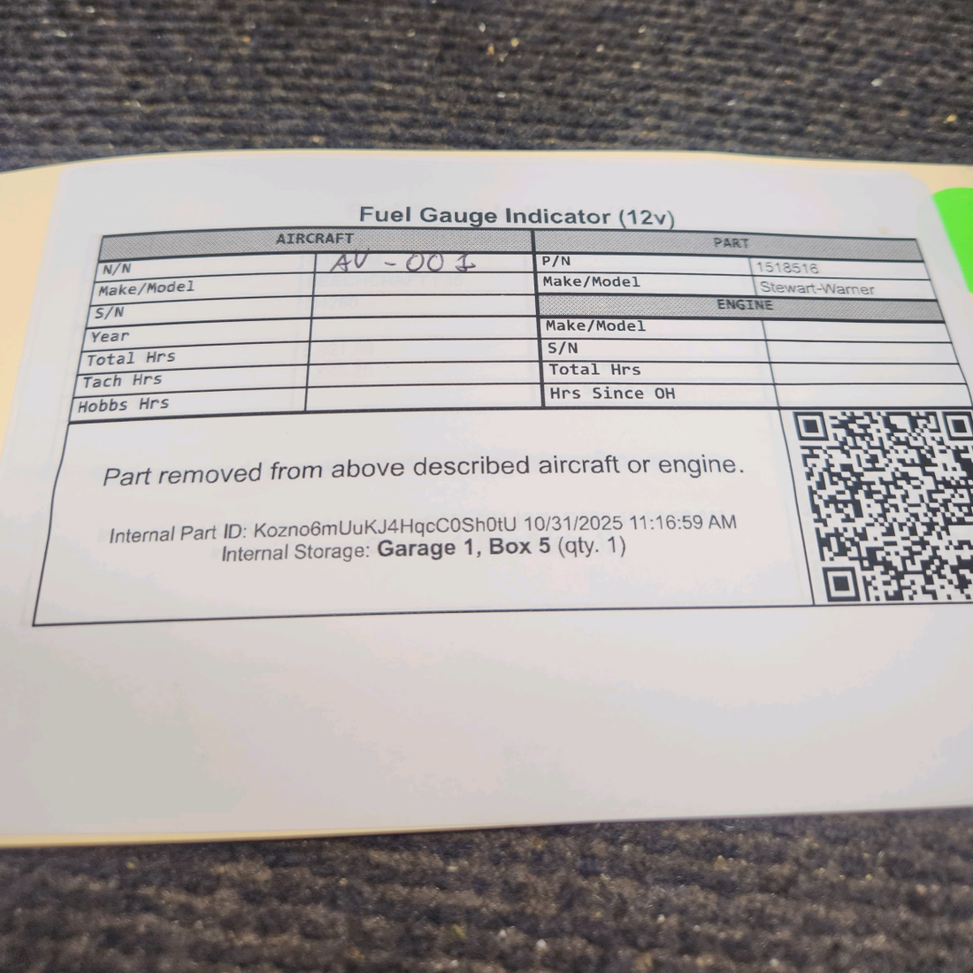 Used aircraft parts for sale, 1518516 Stewart-Warner Continental, Lycoming Fuel Gauge Indicator (12v)