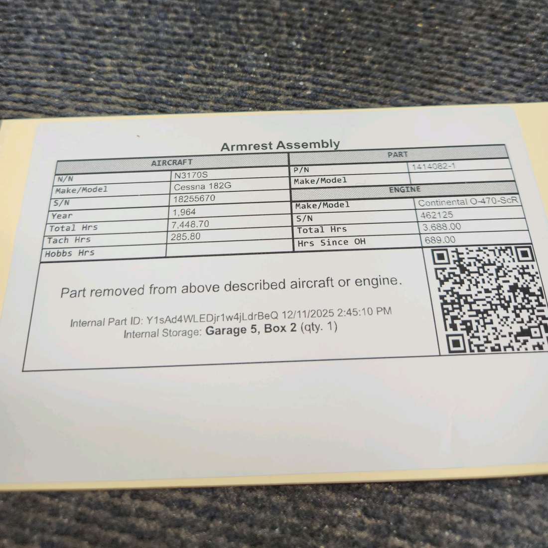 Used aircraft parts for sale, 1414082-1 Cessna 182G Armrest Assembly