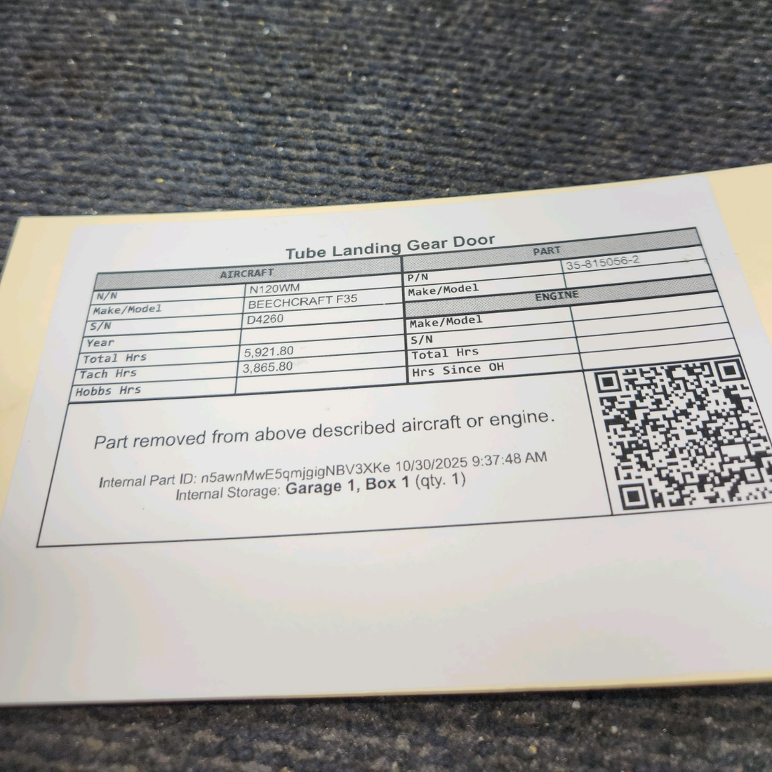 Used aircraft parts for sale, 35-815056-2 BEECHCRAFT F35 Tube Landing Gear Door