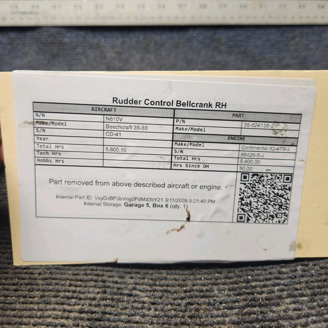 Used aircraft parts for sale, 35-524138-2 Beechcraft 35-33 Rudder Control Bellcrank - RH
