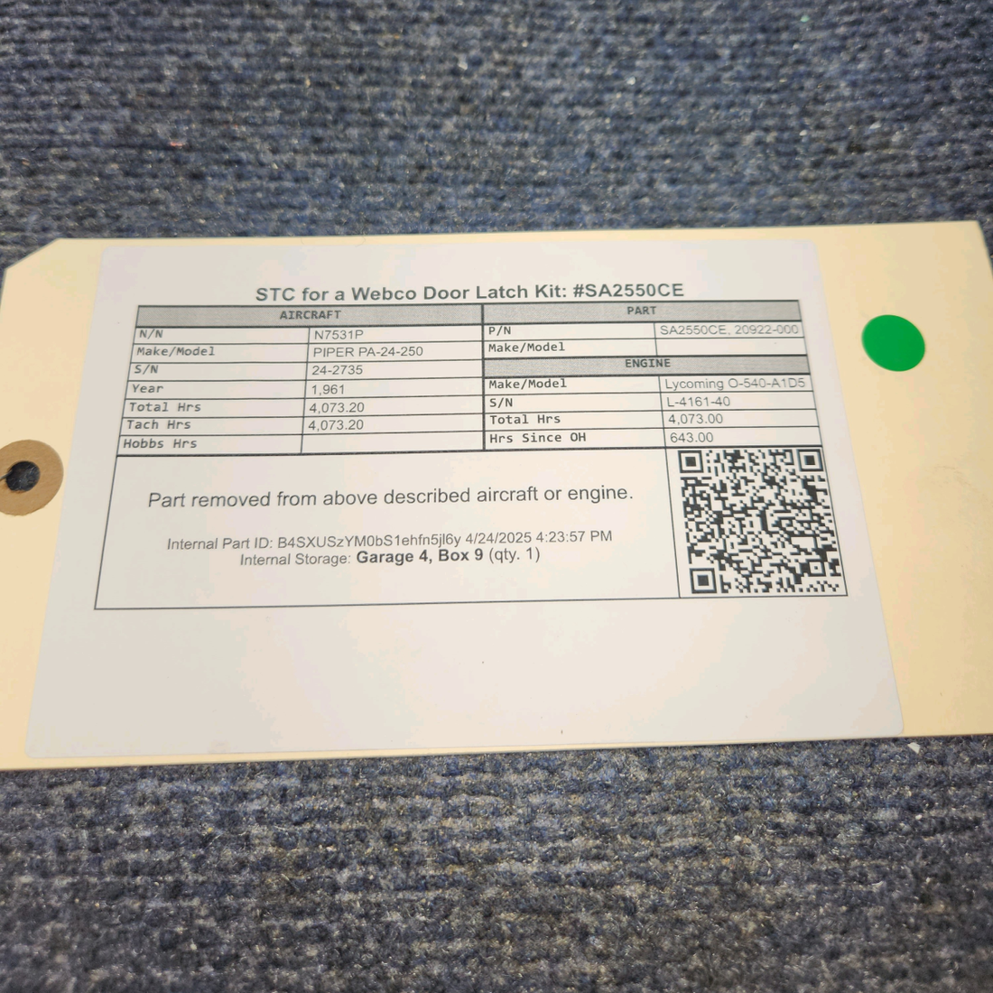 Used aircraft parts for sale, SA2550CE PIPER PA-24-250 STC for a Webco Door Latch Kit: #SA2550CE