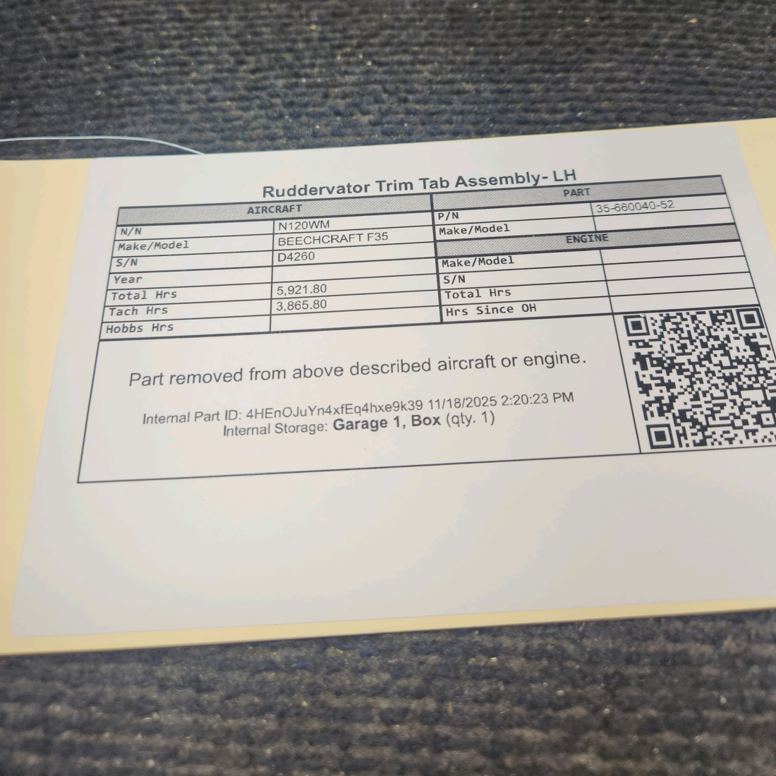 Used aircraft parts for sale, 35-660040-52 Beechcraft F35 Ruddervator Trim Tab Assembly- LH