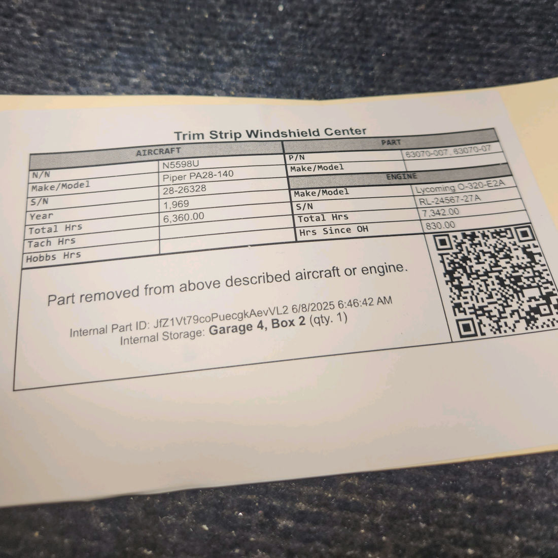 Used aircraft parts for sale, 63070-007 Piper PA28-140 Trim Strip Windshield Center