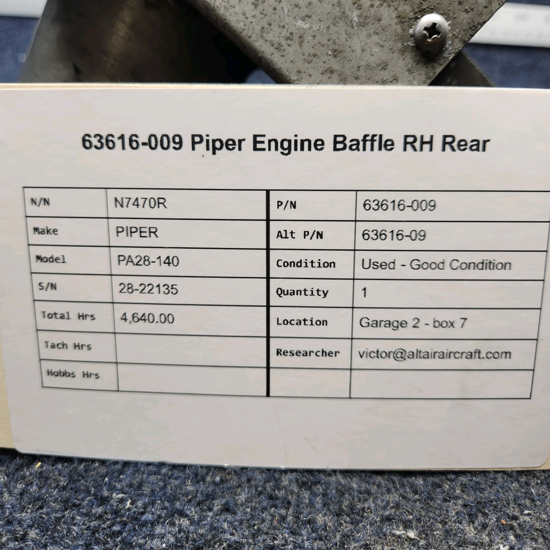 Used aircraft parts for sale, 63616-009 PIPER PA28-140 ENGINE BAFFLE RH REAR