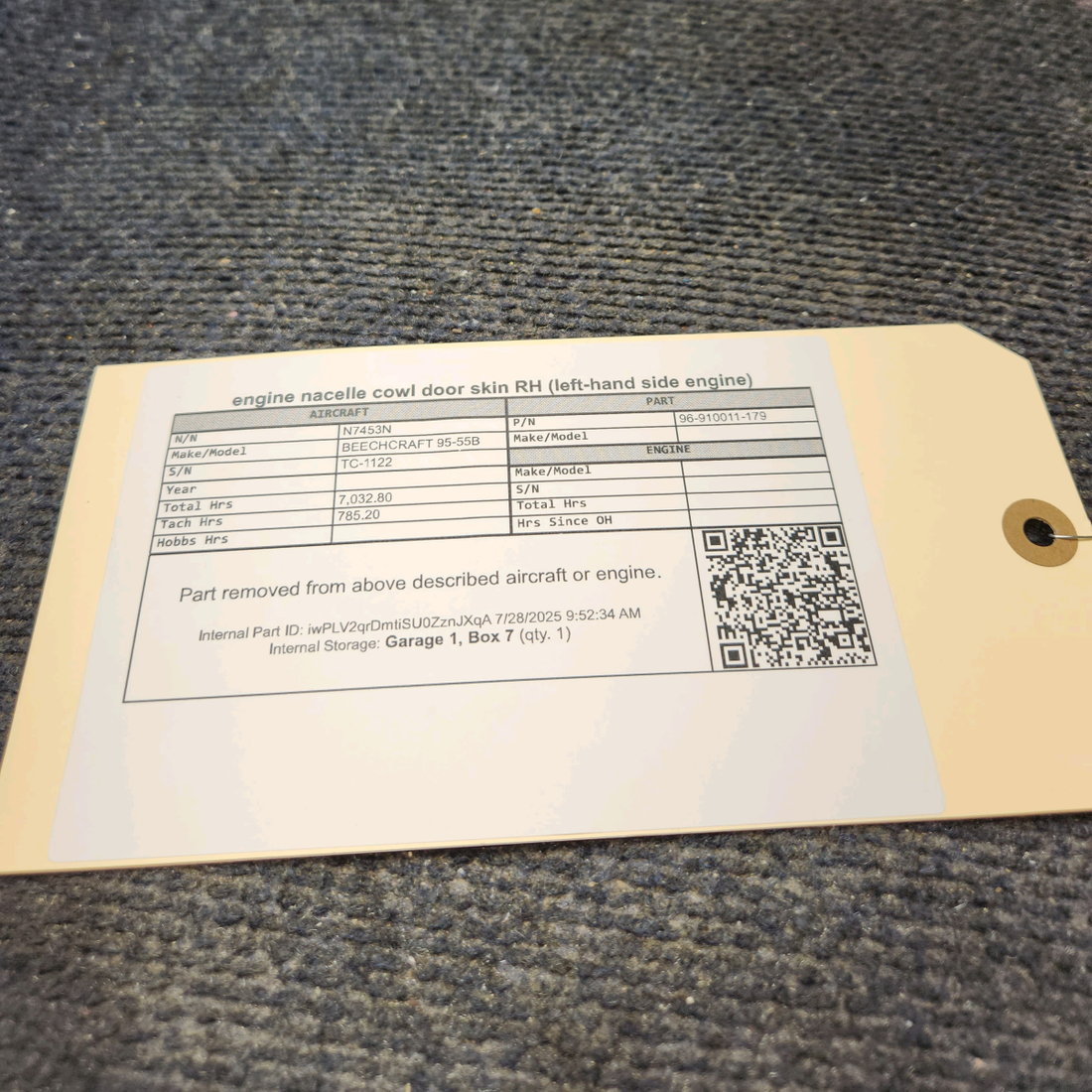Used aircraft parts for sale, 96-910011-179 BEECHCRAFT 95-55B Engine Nacelle Cowl Door Skin – RH (Left-Hand Engine)