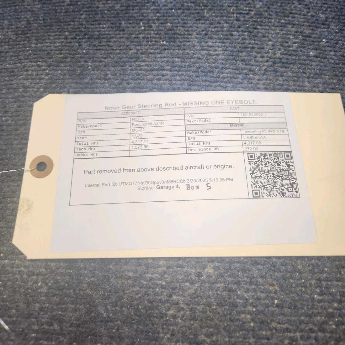 Used aircraft parts for sale, 169-820022-1 Beechcraft A24R Nose Gear Steering Rod - MISSING ONE EYEBOLT.