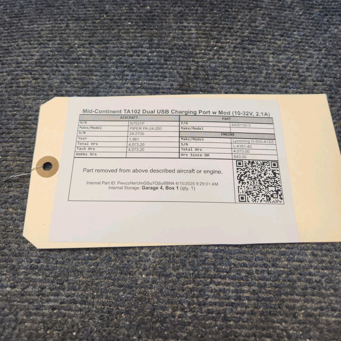 Used aircraft parts for sale, 6430102-3 Mid-Continent TA102 PIPER PA-24-250 Dual USB Charging Port w Mod (10-32V, 2.1A)