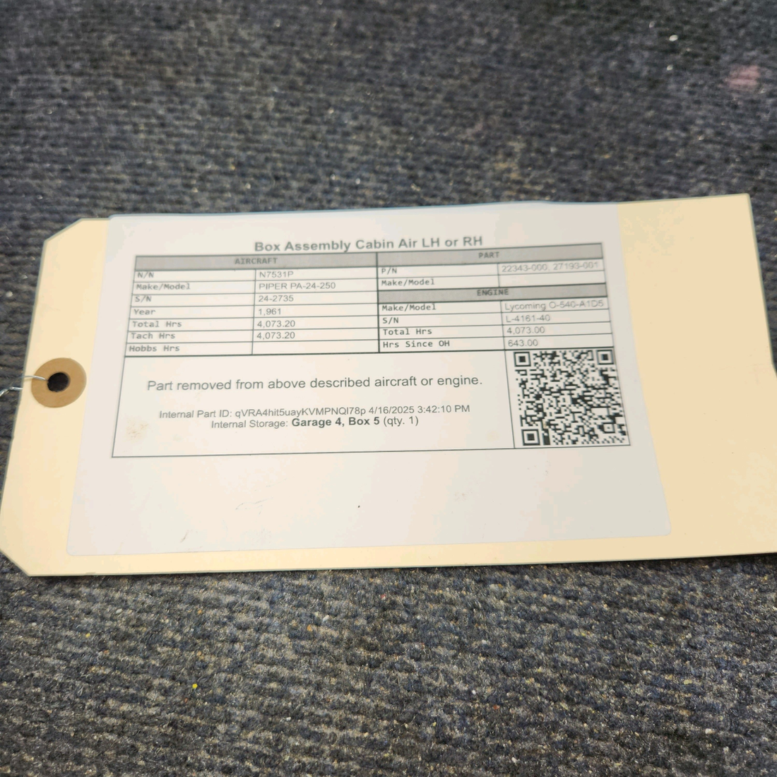 Used aircraft parts for sale, 22343-000 PIPER PA-24-250 Box Assembly Cabin Air LH or RH