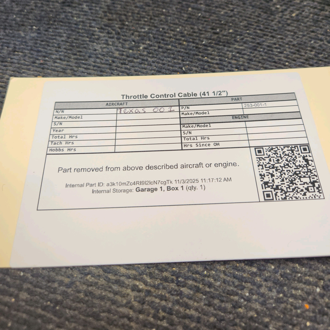 Used aircraft parts for sale, 253-001-1 Mooney M20C Throttle Control Cable (41 1/2")