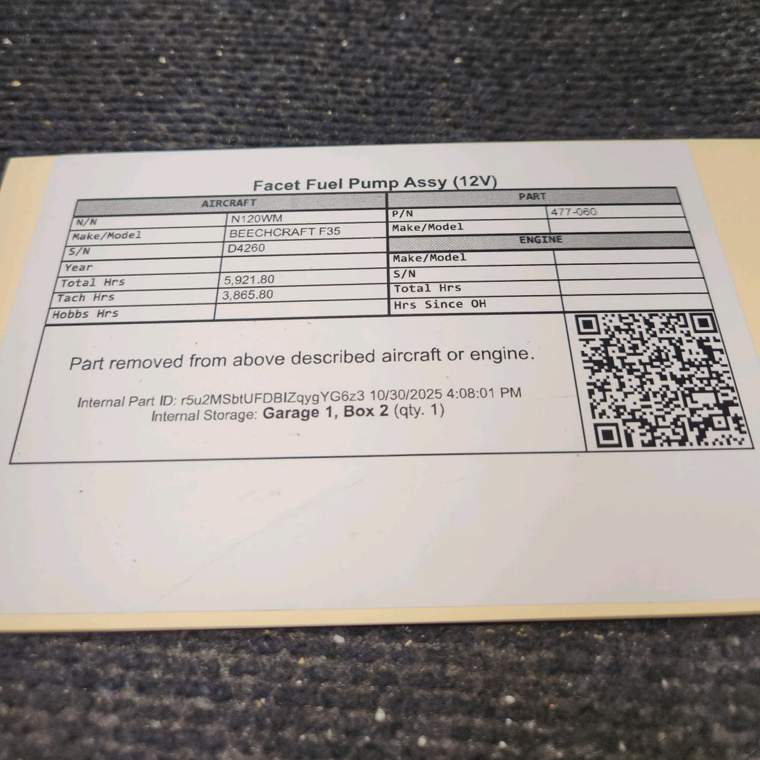 Used aircraft parts for sale, 477-060 Facet BEECHCRAFT F35 Fuel Pump Assy (Volts: 12)