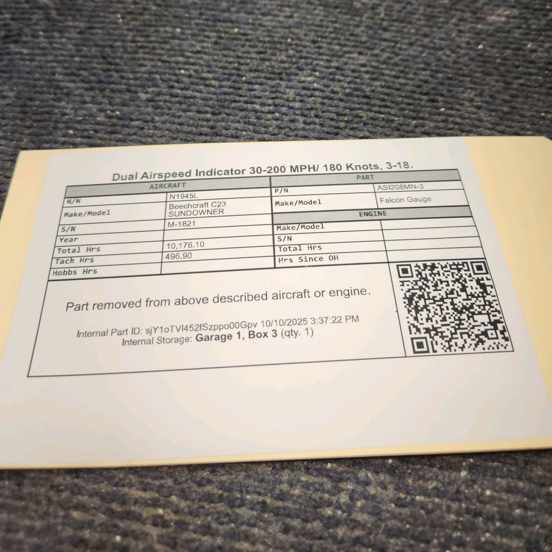 Used aircraft parts for sale, ASI208MN-3 Falcon Gauge Beechcraft C23 SUNDOWNER Dual Airspeed Indicator