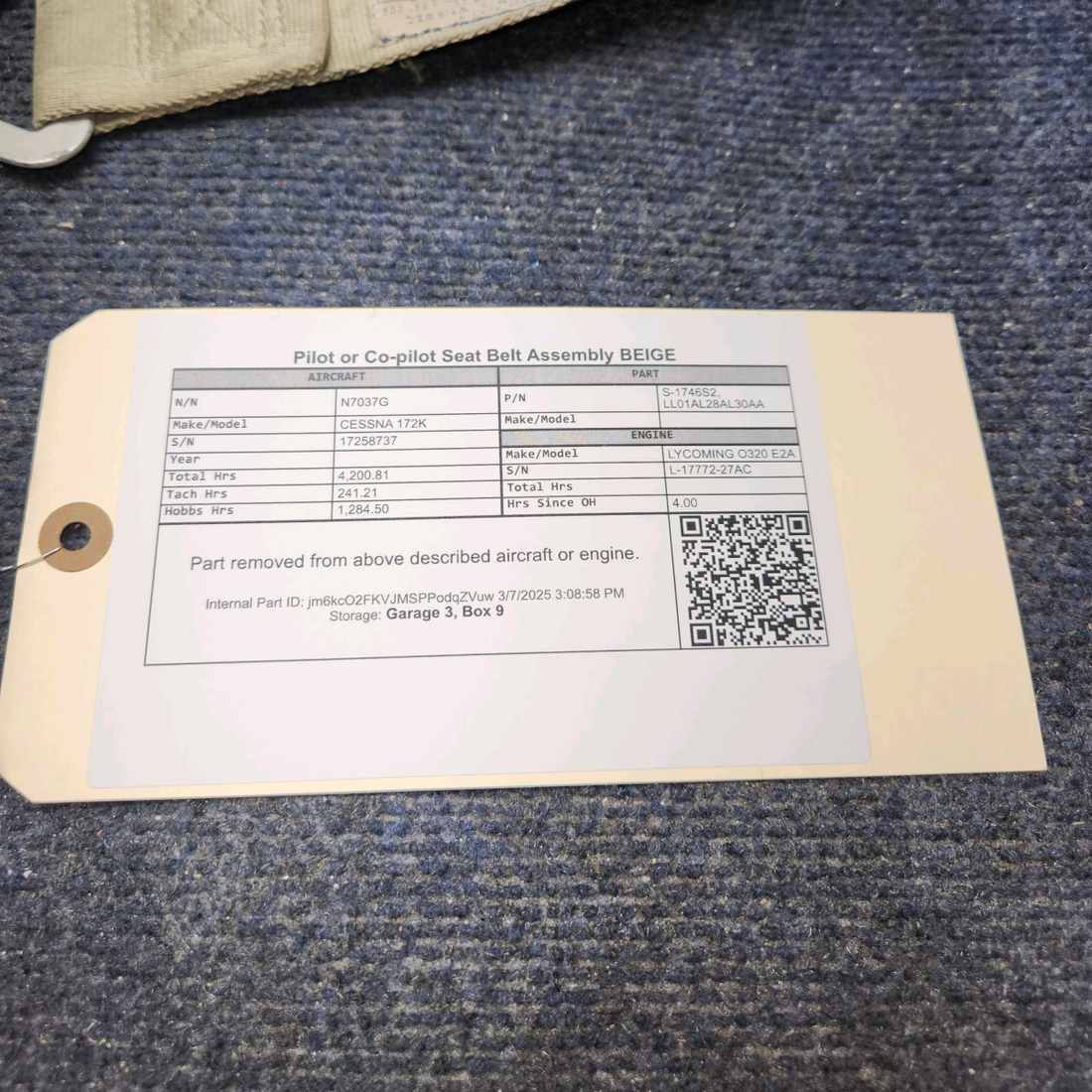Used aircraft parts for sale, S-1746S2 CESSNA 172K PILOT OR CO-PILOT SEAT BELT ASSEMBLY - BEIGE