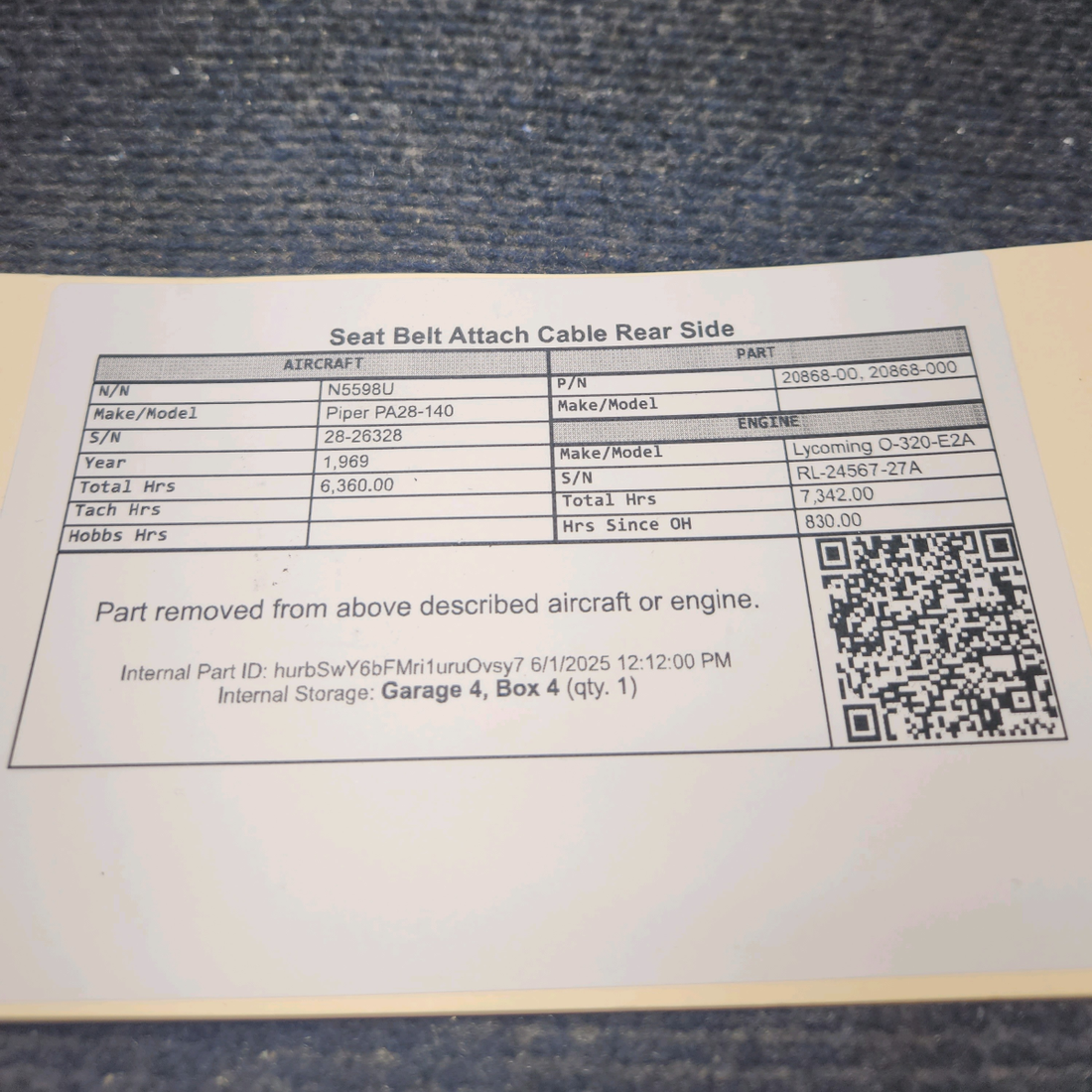 Used aircraft parts for sale, 20868-00 Piper PA28-140 Seat Belt Attach Cable Rear Side