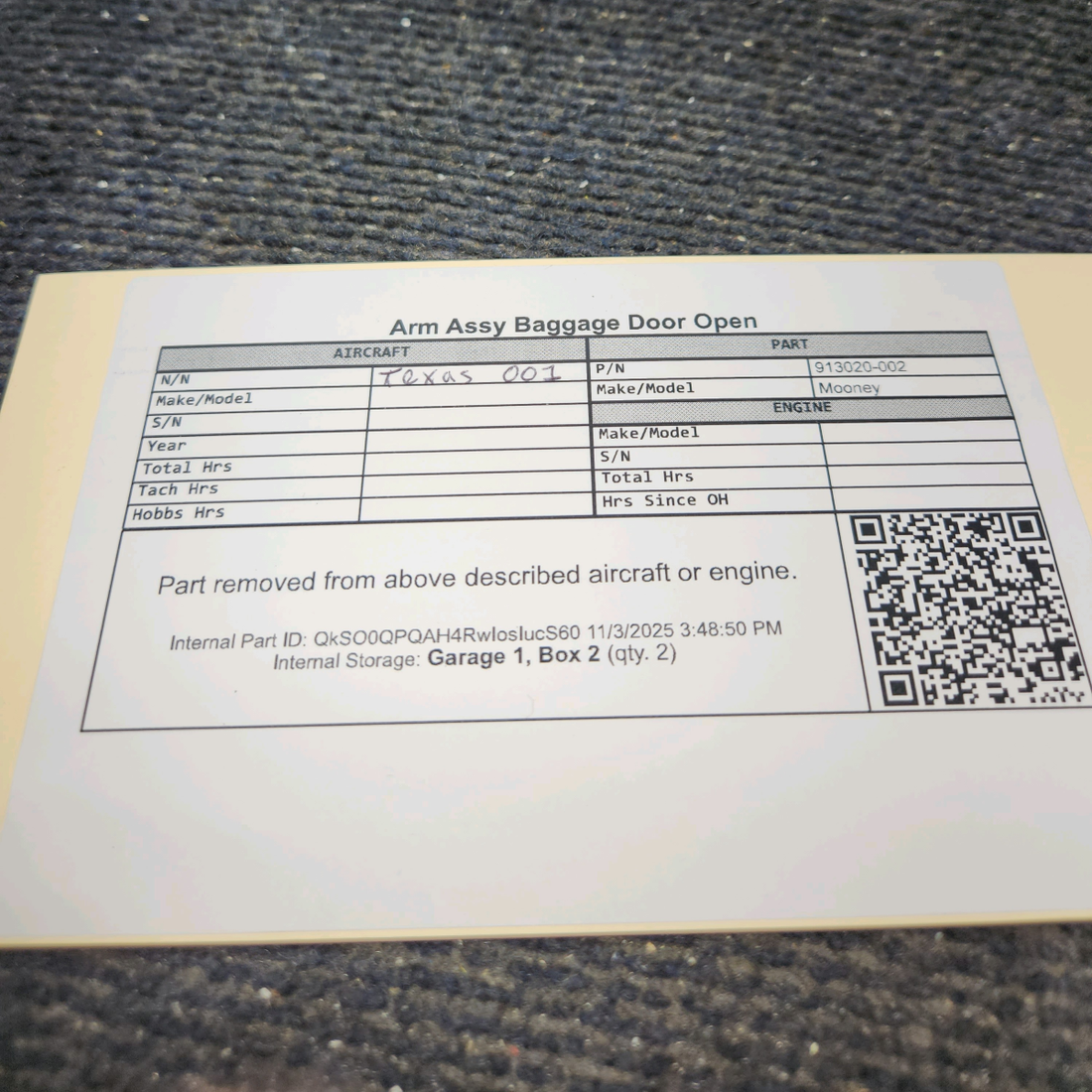 Used aircraft parts for sale, 913020-002 Mooney M20 to M20D Arm Assy Baggage Door Open - Price Per Each