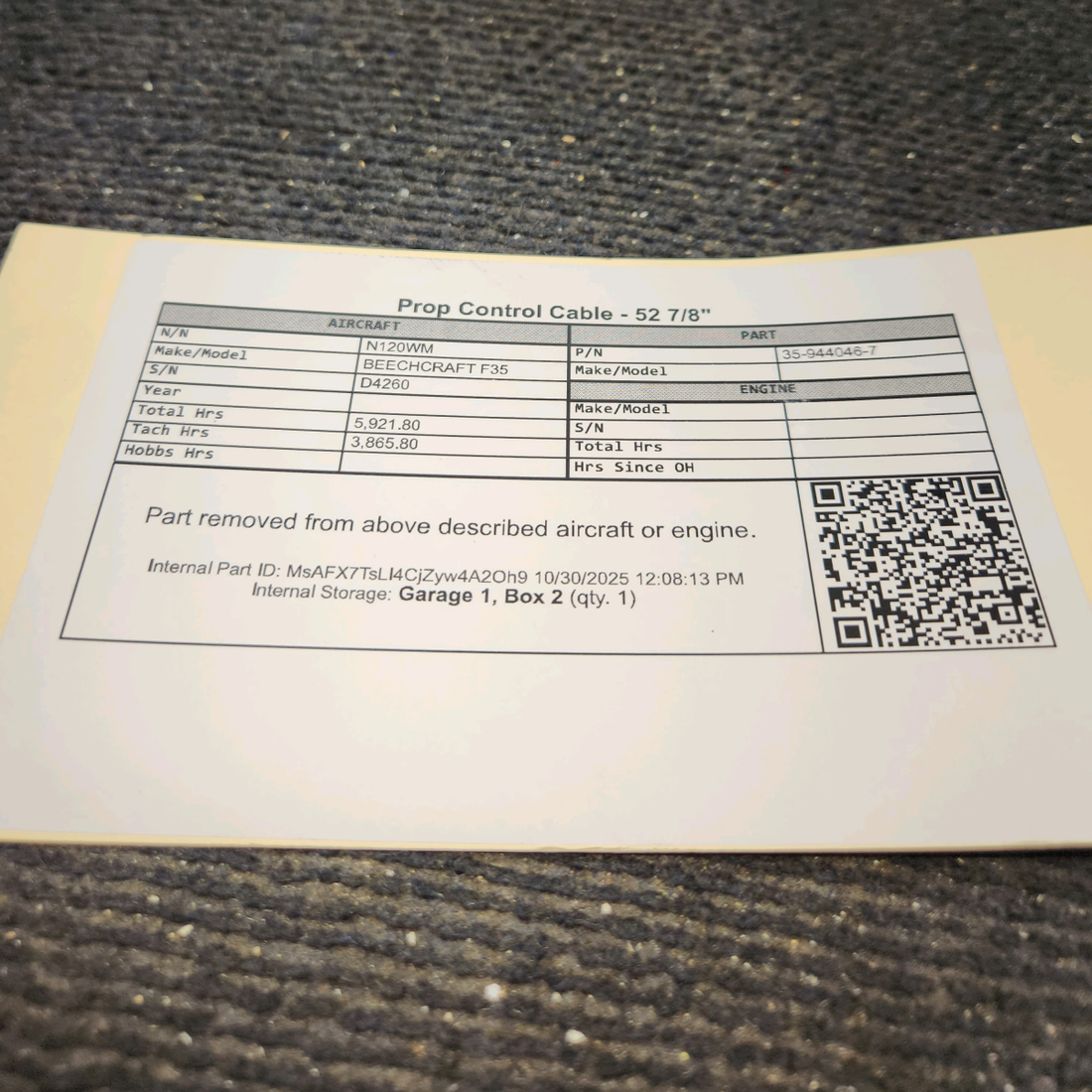 Used aircraft parts for sale, 35-944046-7 BEECHCRAFT F35 Propeller Control Cable – 52 7/8" Length