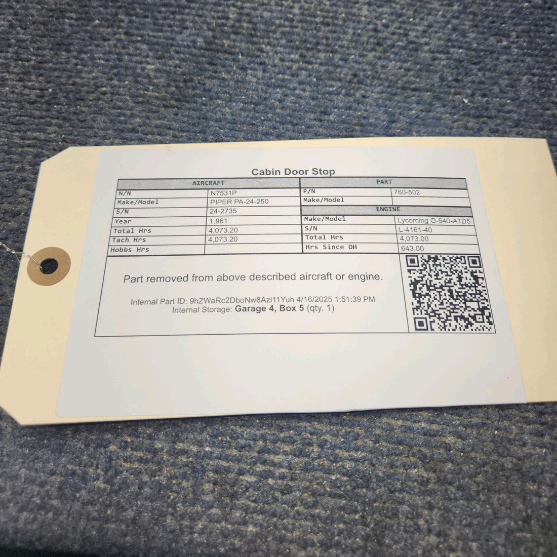 Used aircraft parts for sale, 760-502 PIPER PA-24-250 Cabin Door Stop