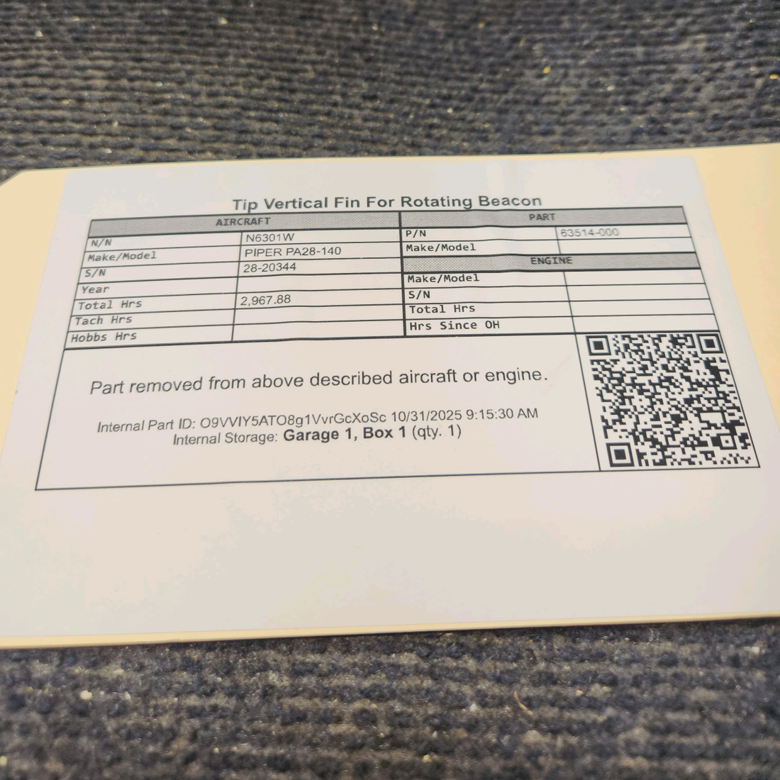 Used aircraft parts for sale, 63514-006 PIPER PA28-140 Tip Vertical Fin For Rotating Beacon