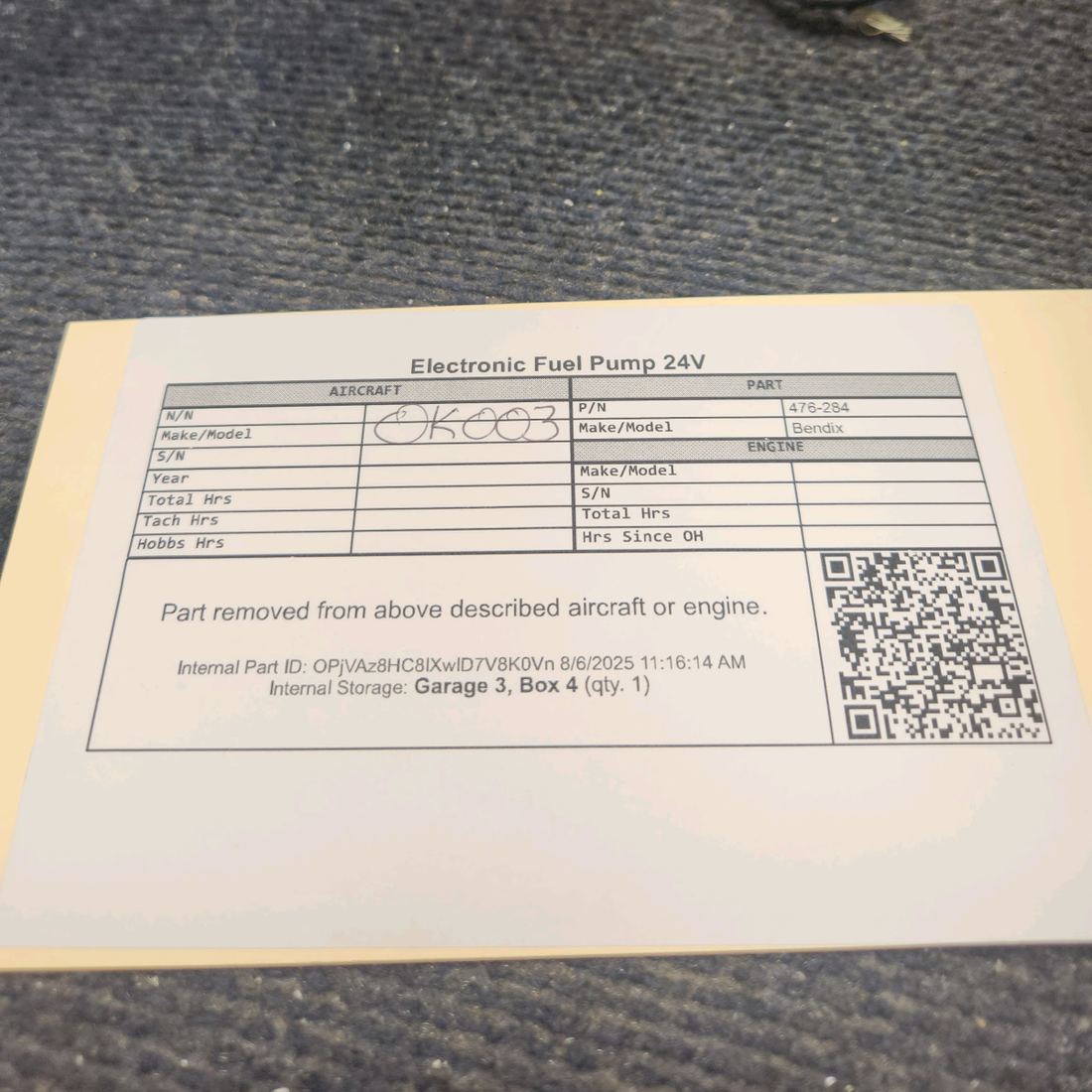 Used aircraft parts for sale, 476-284 Bendix Electronic Fuel Pump 24V