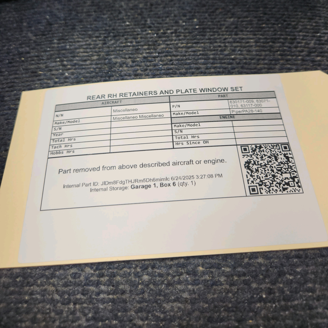 Used aircraft parts for sale, 630171-009 Piper PA28-140 REAR RH RETAINERS AND PLATE WINDOW SET