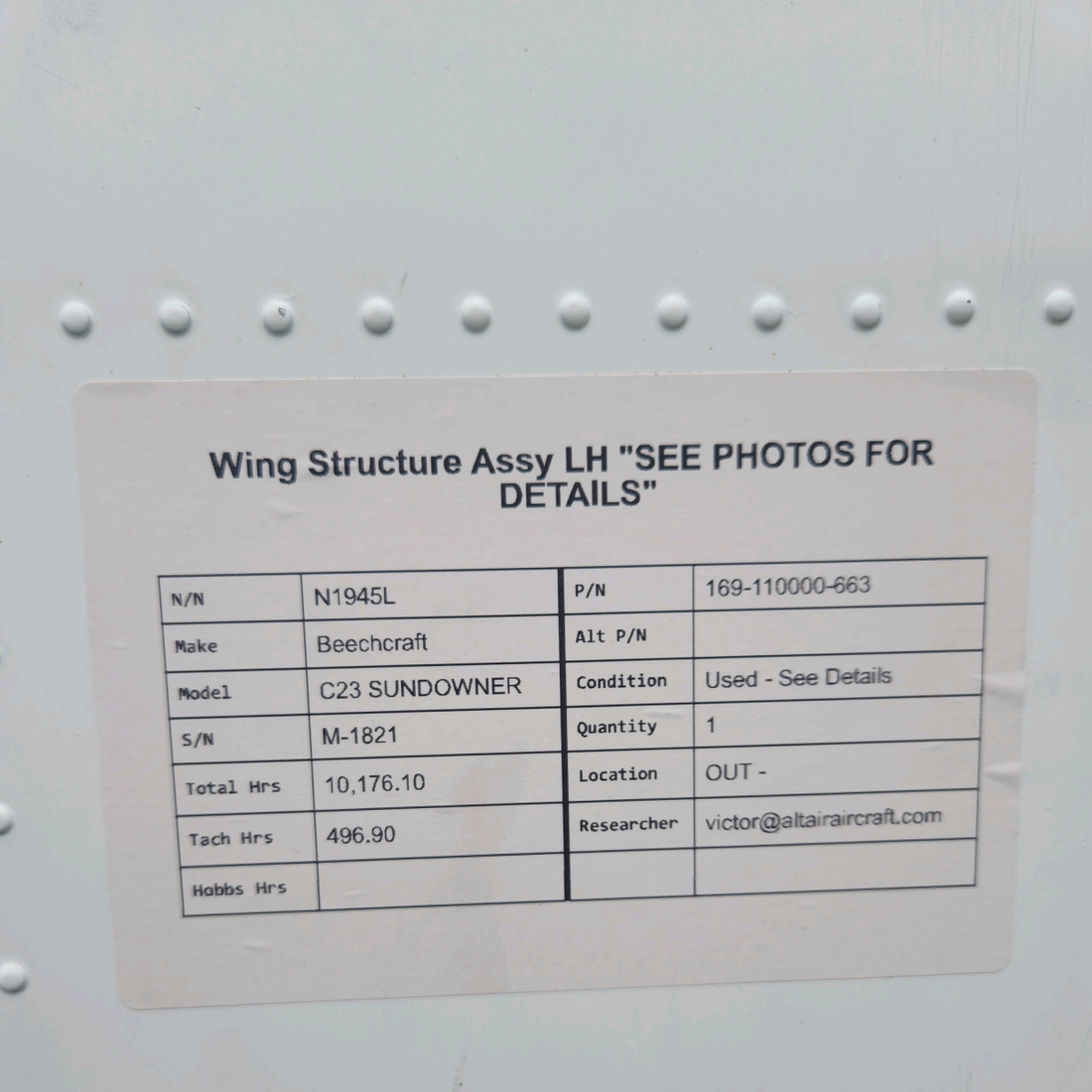 Used aircraft parts for sale, 169-110000-663 Beechcraft C23 SUNDOWNER WING STRUCTURE ASSY LH "SEE PHOTOS FOR DETAILS"