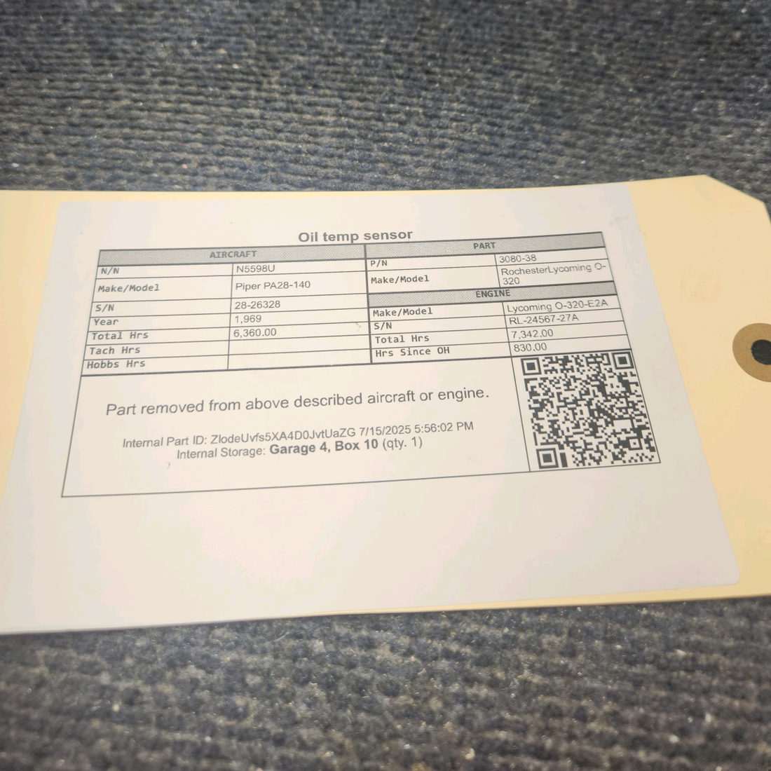 Used aircraft parts for sale, 3080-38 Rochester Lycoming O-320 Piper PA28-140 Oil temp sensor