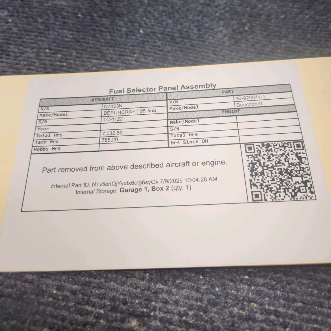 Used aircraft parts for sale, 96-920011-1 Beechcraft BEECHCRAFT 95-55B Fuel Selector Panel Assembly