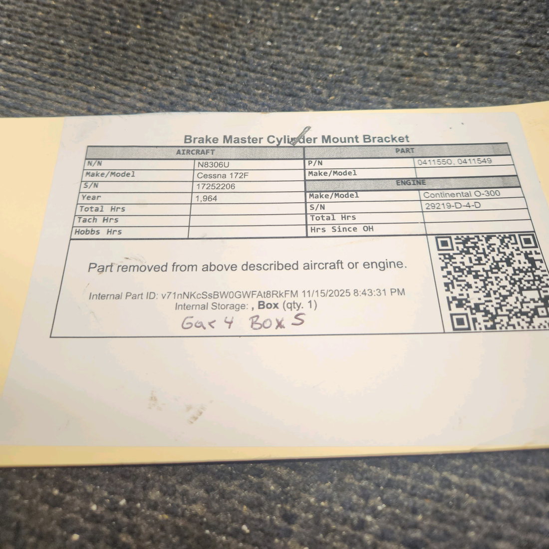 Used aircraft parts for sale, 0411550, 0411549 Cessna 172F Mount Bracket for Brake Master Cylinder