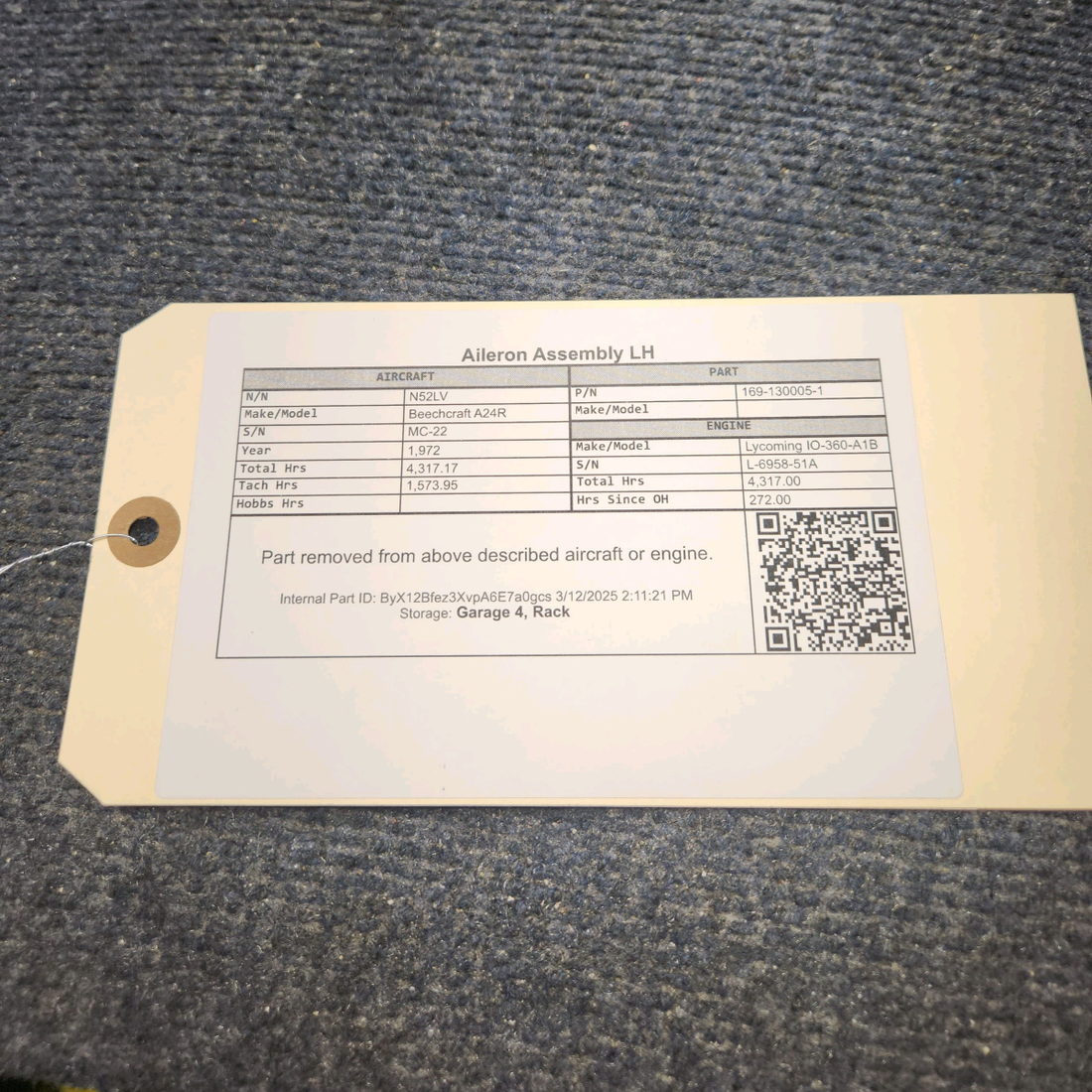 Used aircraft parts for sale, 169-130005-1 Beechcraft A24R Aileron Assembly LH