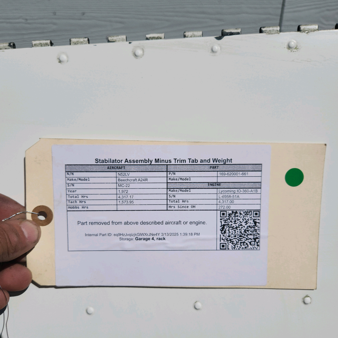 Used aircraft parts for sale, 169-620001-661 Beechcraft A24R Stabilator Assembly Minus Trim Tab and Weight