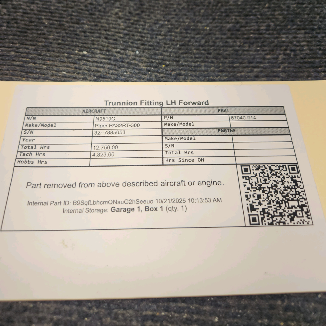 Used aircraft parts for sale, 67040-014 Piper PA32RT-300 Trunnion Fitting - LH Forward