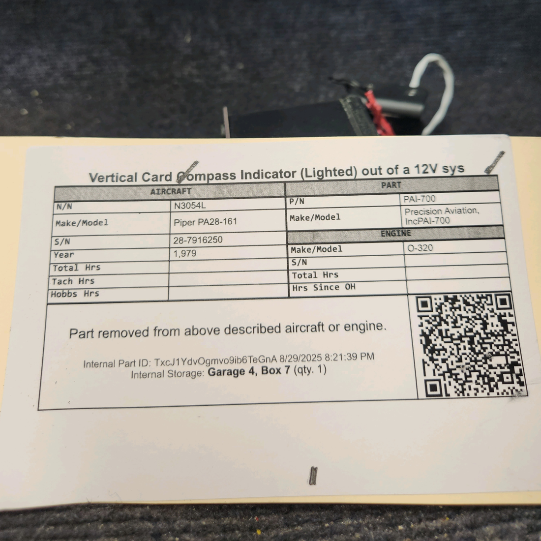 Used aircraft parts for sale, PAI-700 Precision Aviation, Inc PAI-700 Piper PA28-161 Vertical Card Compass Indicator (Lighted) out of a 12V sys