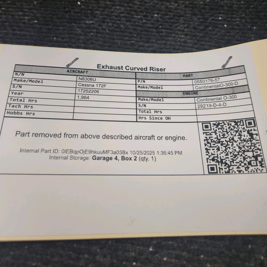 Used aircraft parts for sale, 0550176-57 Continental O-300-D Cessna 172F Exhaust Curved Riser