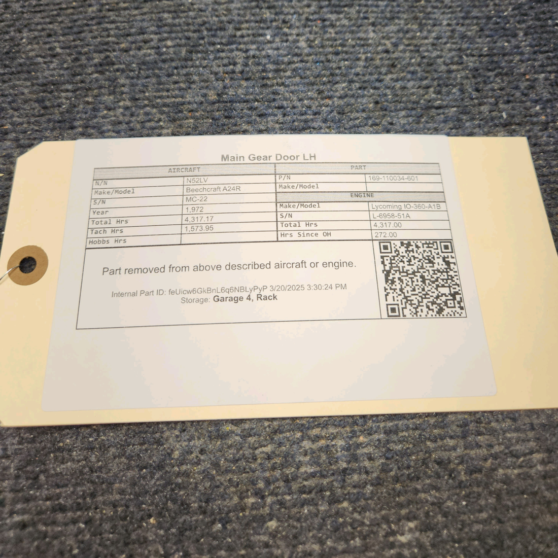 Used aircraft parts for sale, 169-110034-601 Beechcraft A24R Main Gear Door LH