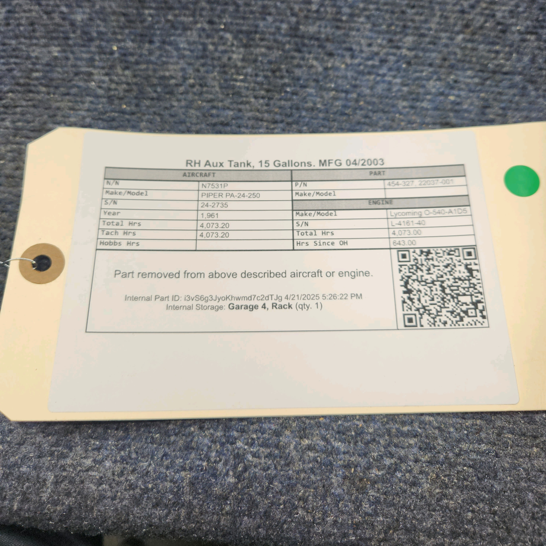 Used aircraft parts for sale, 454-327 PIPER PA-24-250 RH Aux Tank, 15 Gallons. MFG 04/2003