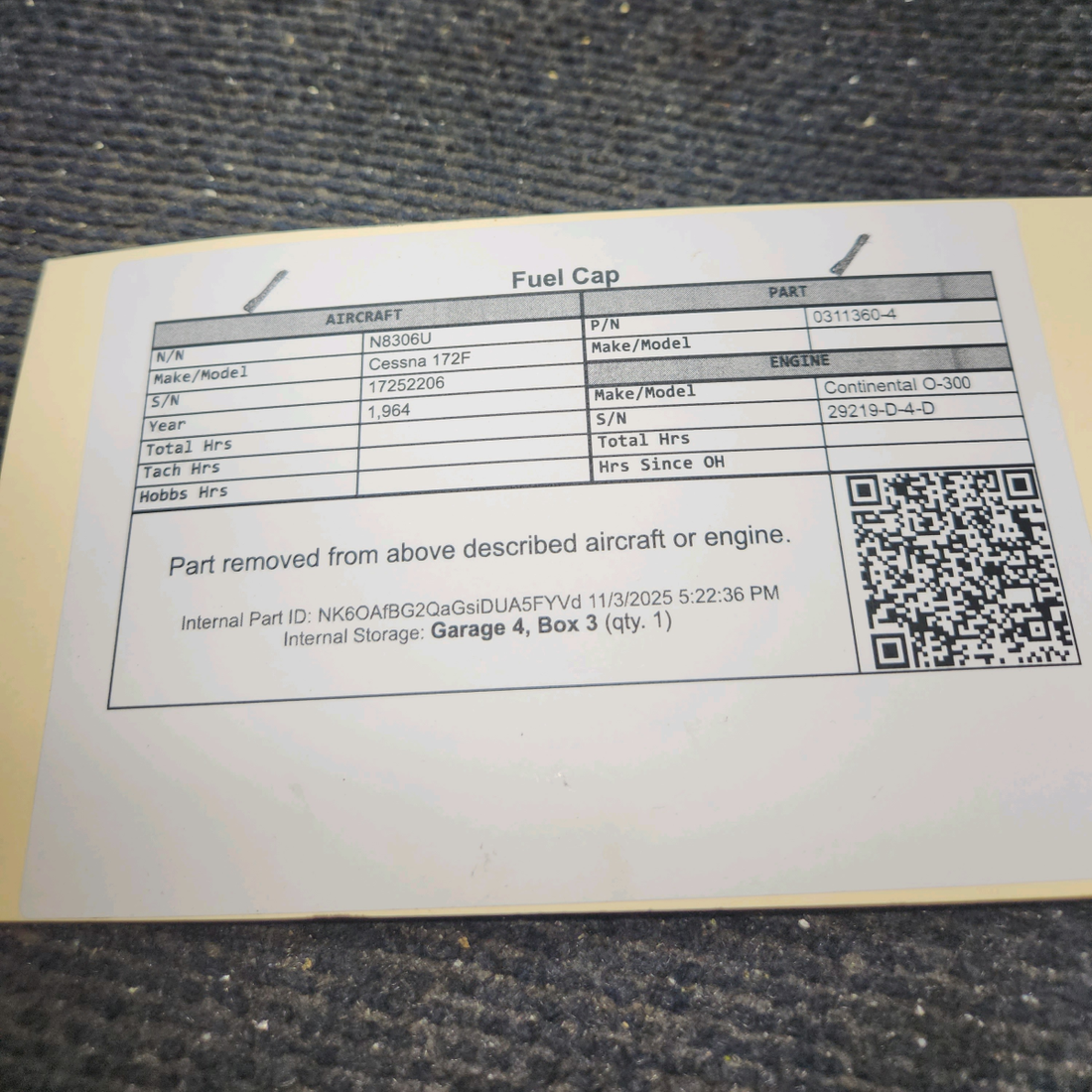 Used aircraft parts for sale, 0311360-4 Cessna 172F Fuel Cap