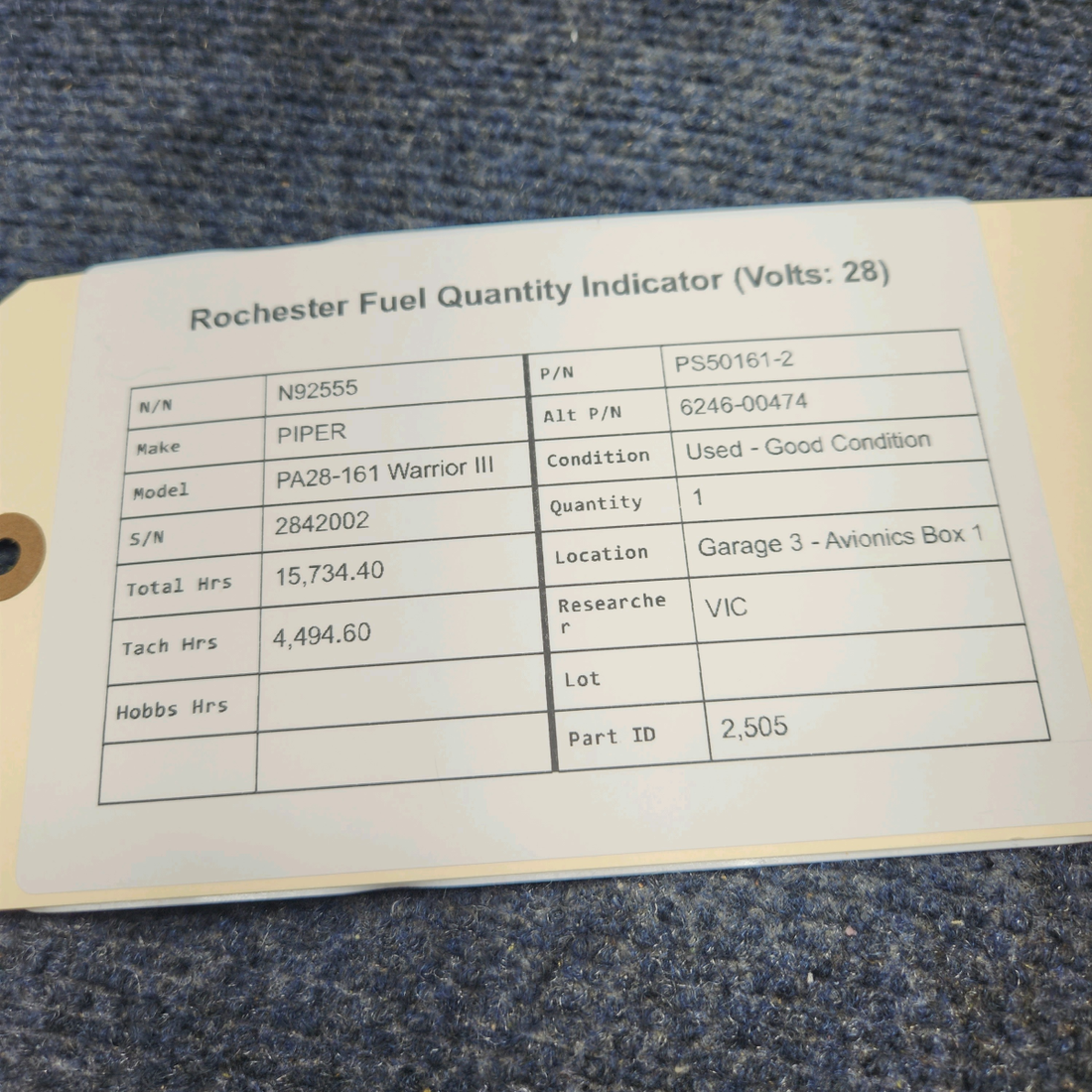 Used aircraft parts for sale, PS50161-2 Rochester PIPER PA28-161 Warrior III FUEL QUANTITY INDICATOR (VOLTS: 28)