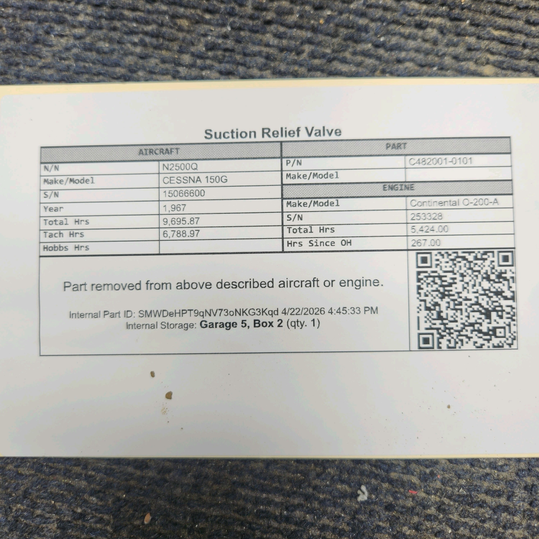 Used aircraft parts for sale, C482001-0101 cessna 150G Suction Relief Valve