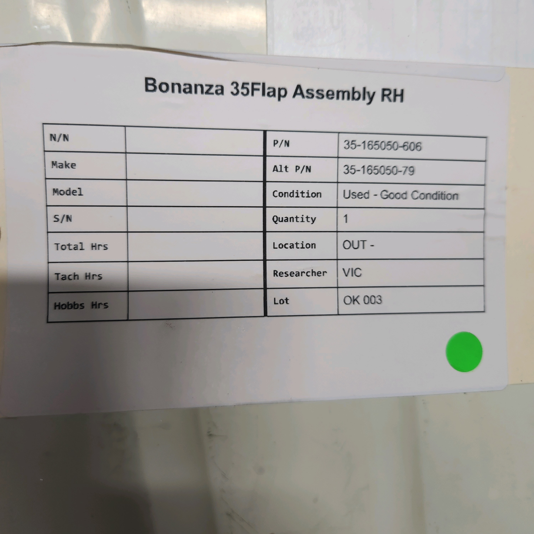 Used aircraft parts for sale, 35-165050-606 Beechcraft BONANZA 35 FLAP ASSEMBLY RH