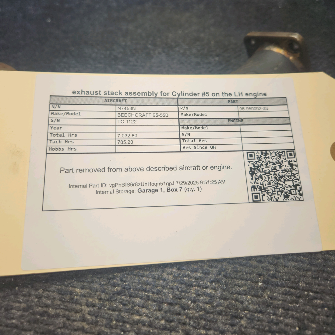 Used aircraft parts for sale, 96-950002-33 BEECHCRAFT 95-55B Exhaust Stack Assembly – Cylinder #5, LH Engine