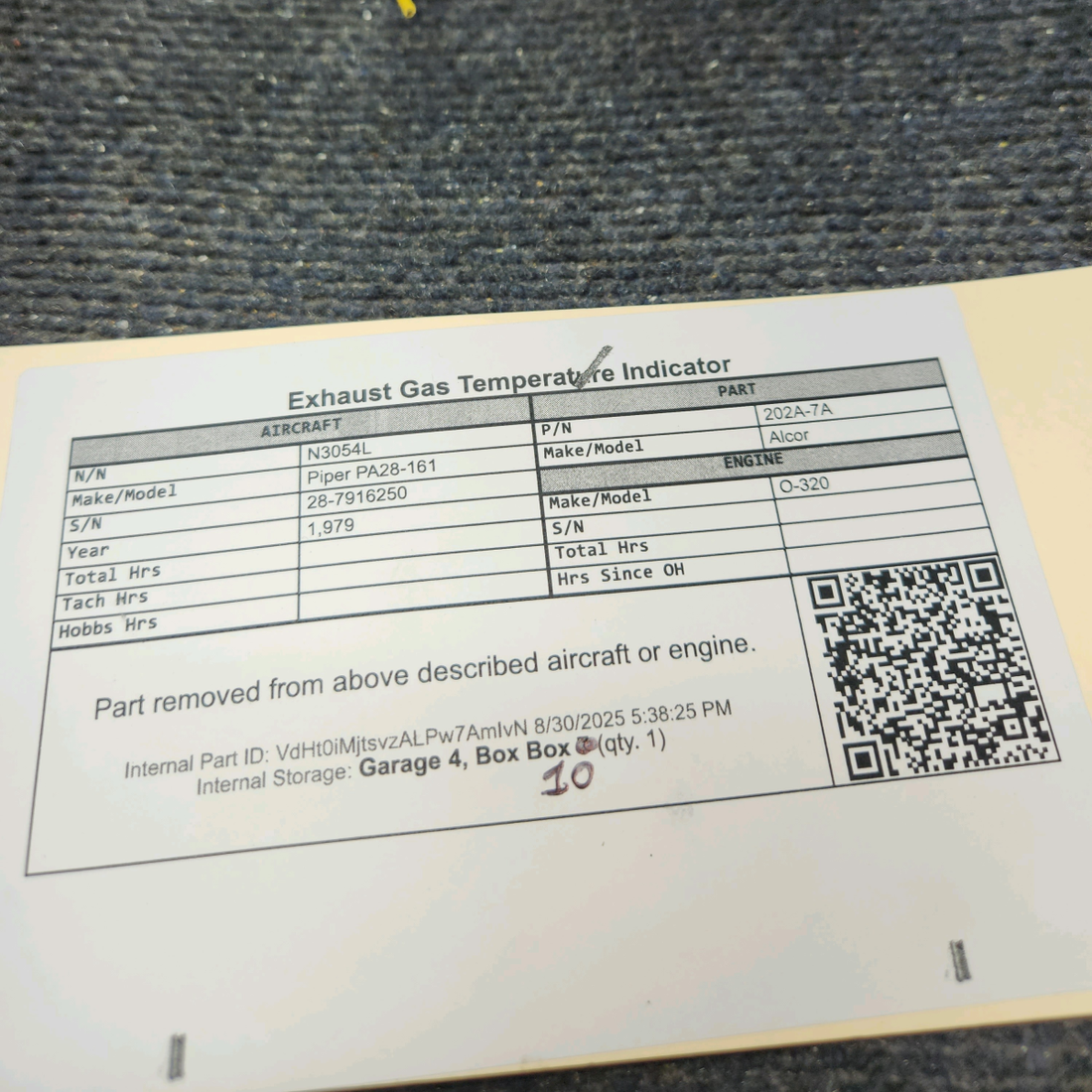 Used aircraft parts for sale, 202A-7A Alcor Piper PA28-161 Exhaust Gas Temperature Indicator