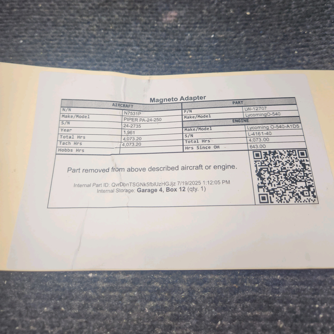 Used aircraft parts for sale, LW-12707 Lycoming O-540 PIPER PA-24-250 Magneto Adapter