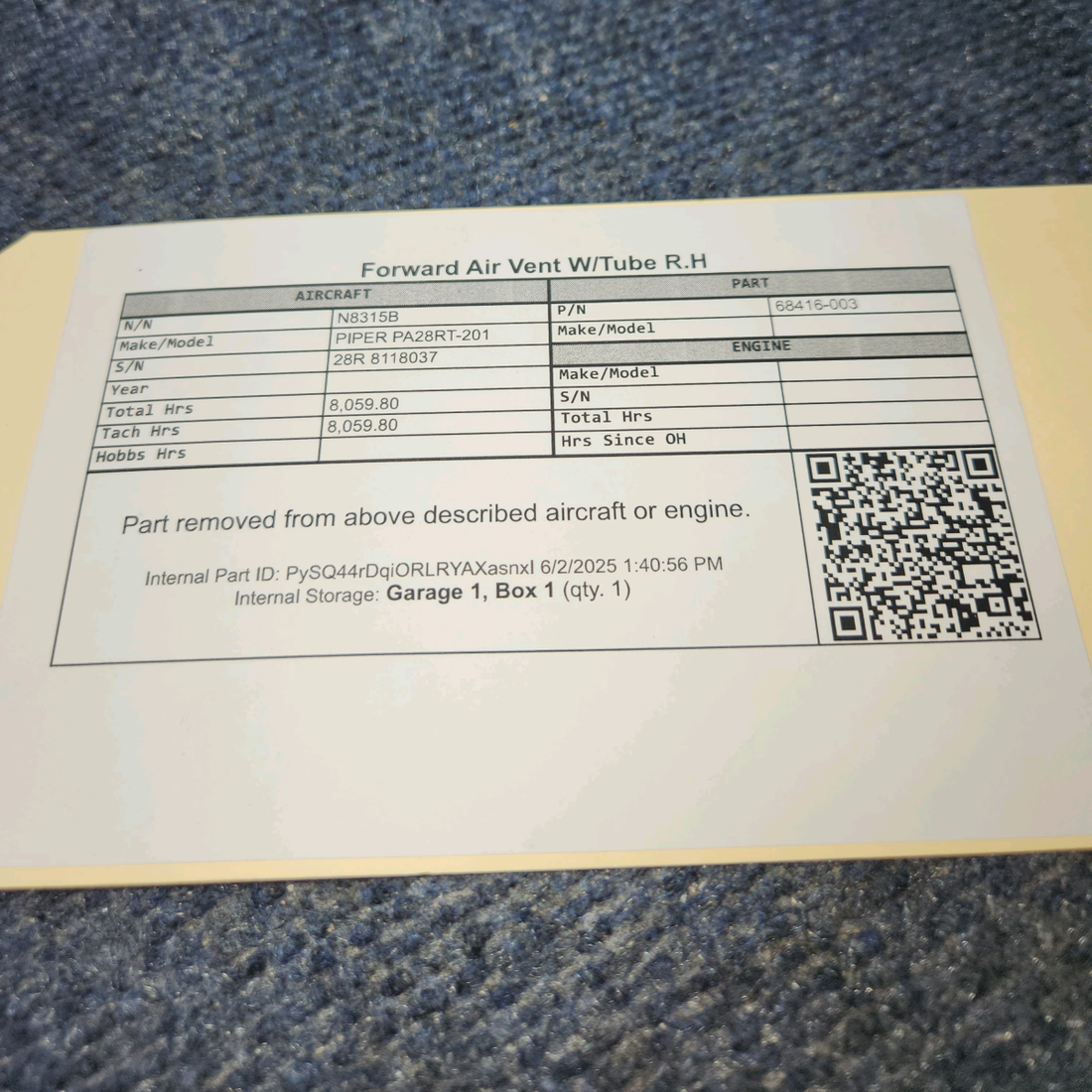 Used aircraft parts for sale, 68416-003 PIPER PA28RT-201 Forward Air Vent W/Tube - R.H
