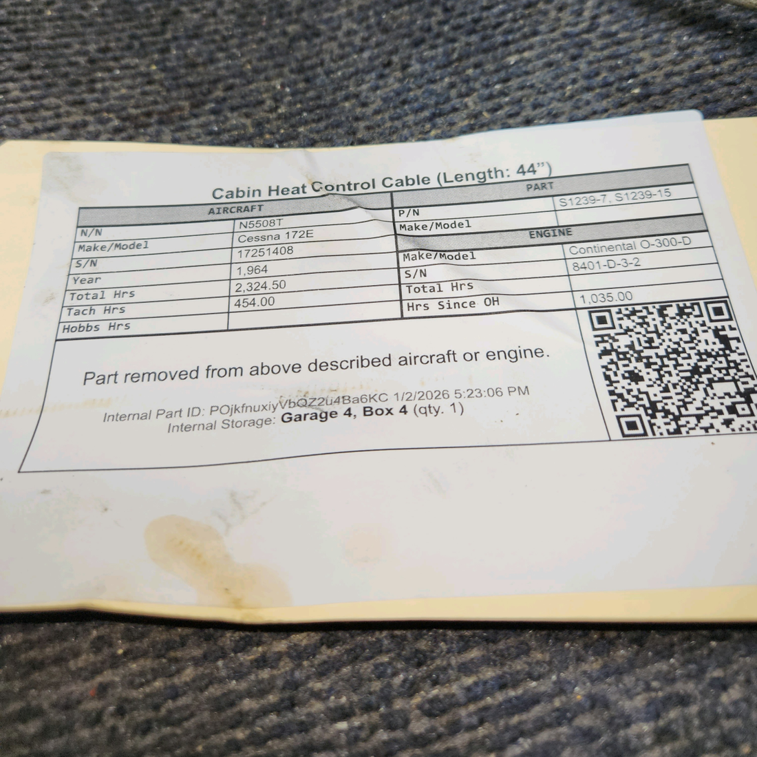 Used aircraft parts for sale, S1239-7 Cessna 172E Cabin Heat Control Cable (Length: 44”)