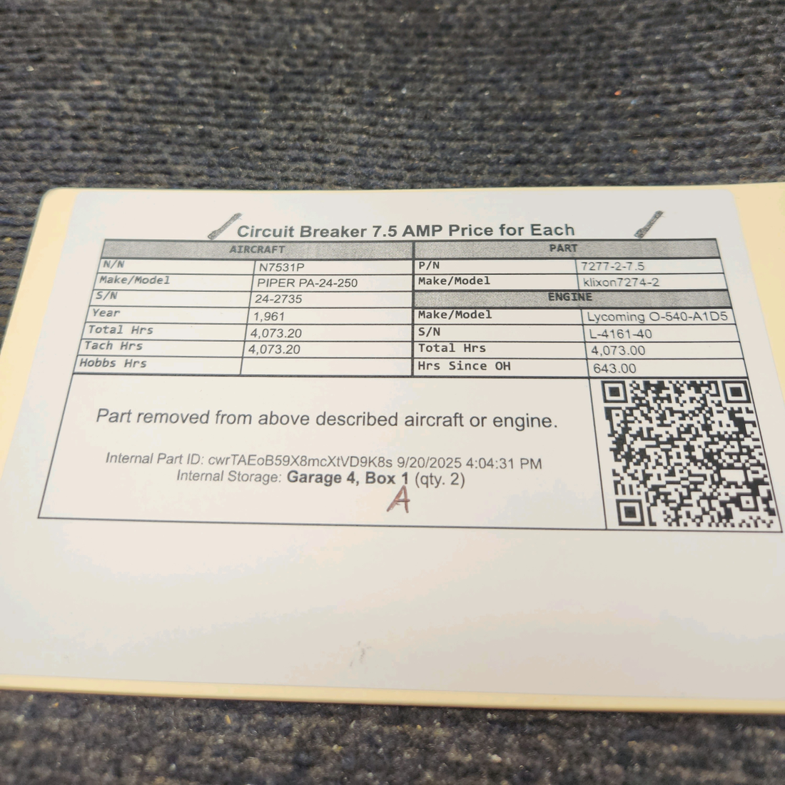 Used aircraft parts for sale, 7277-2-7.5 klixon 7274-2 PIPER PA-24-250 Circuit Breaker 7.5 AMP - Price for Each