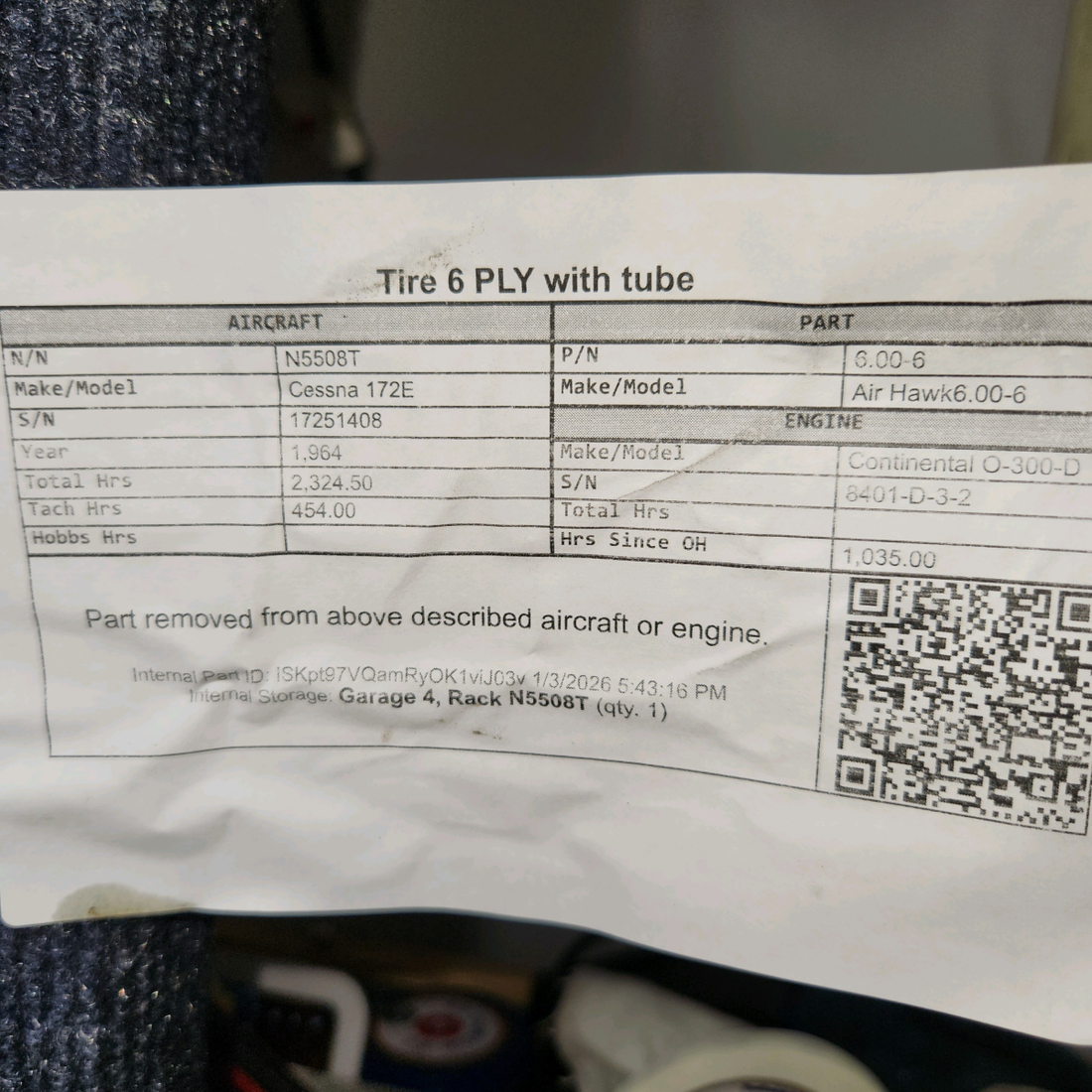 Used aircraft parts for sale, 6.00-6 Air Hawk 6.00-6 Cessna 172E Tire 6 PLY with tube