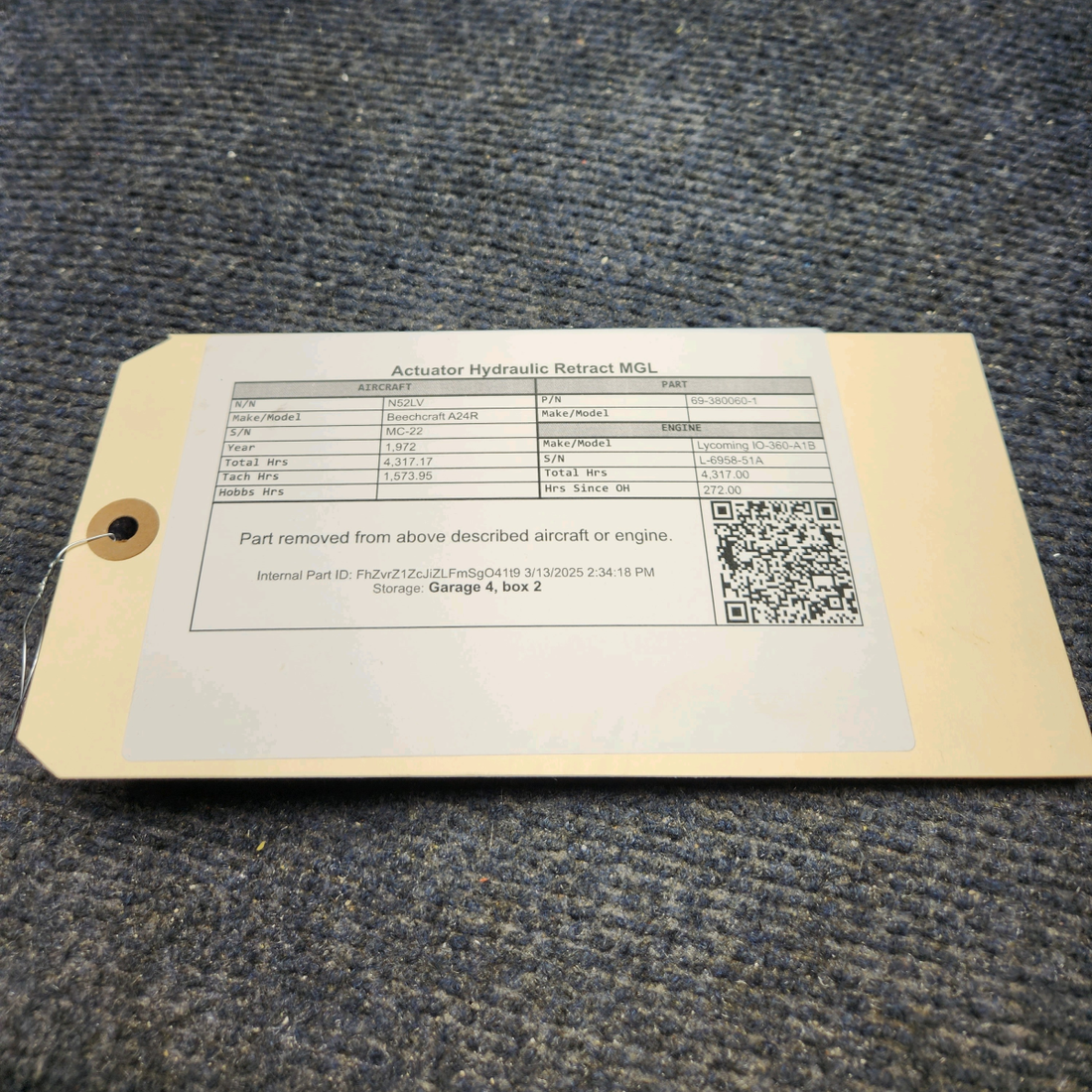 Used aircraft parts for sale, 69-380060-1 Beechcraft A24R Actuator Hydraulic Retract MGL