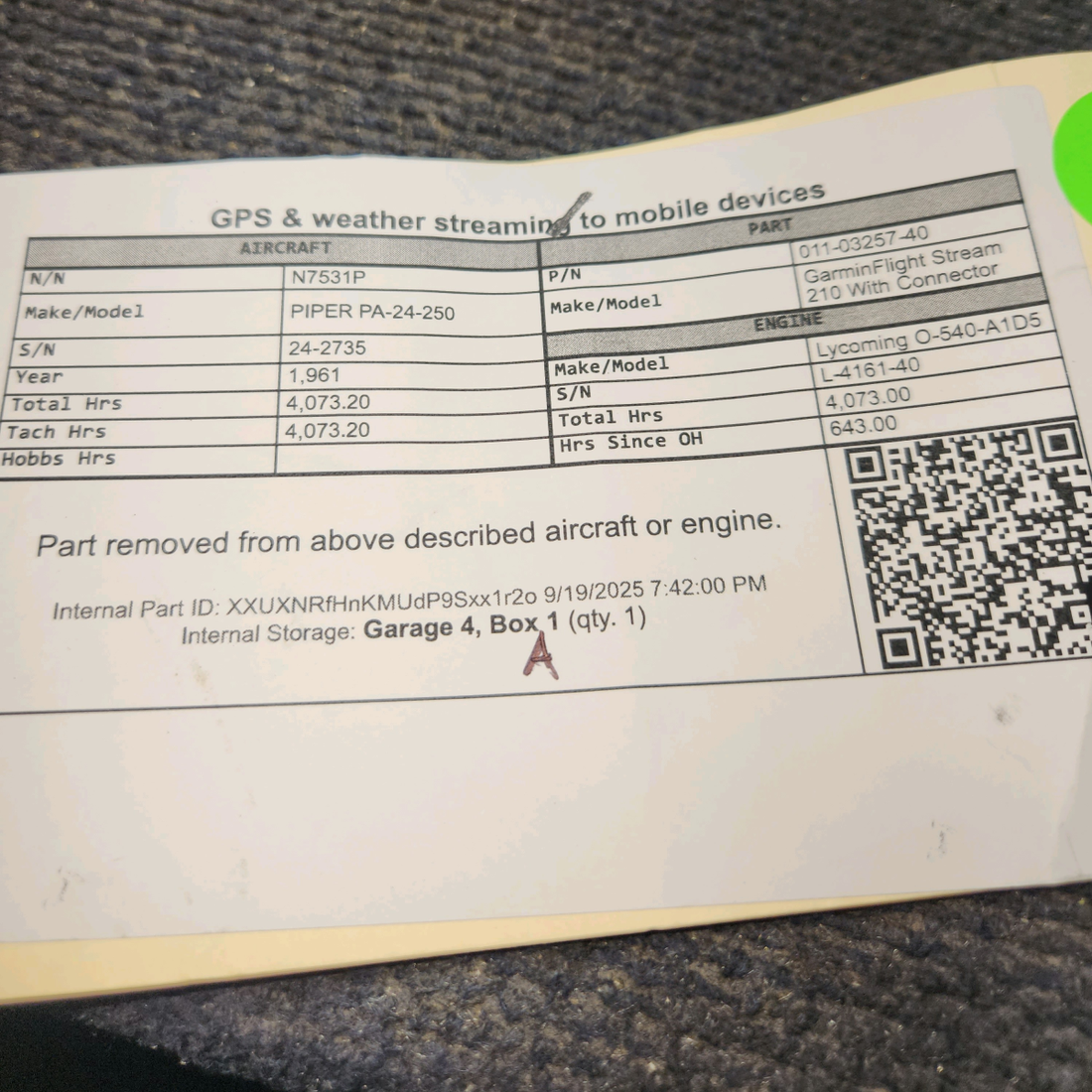 Used aircraft parts for sale, 011-03257-40 Garmin Flight Stream 210 With Connector PIPER PA-24-250 GPS and Weather Streaming to Mobile Devices