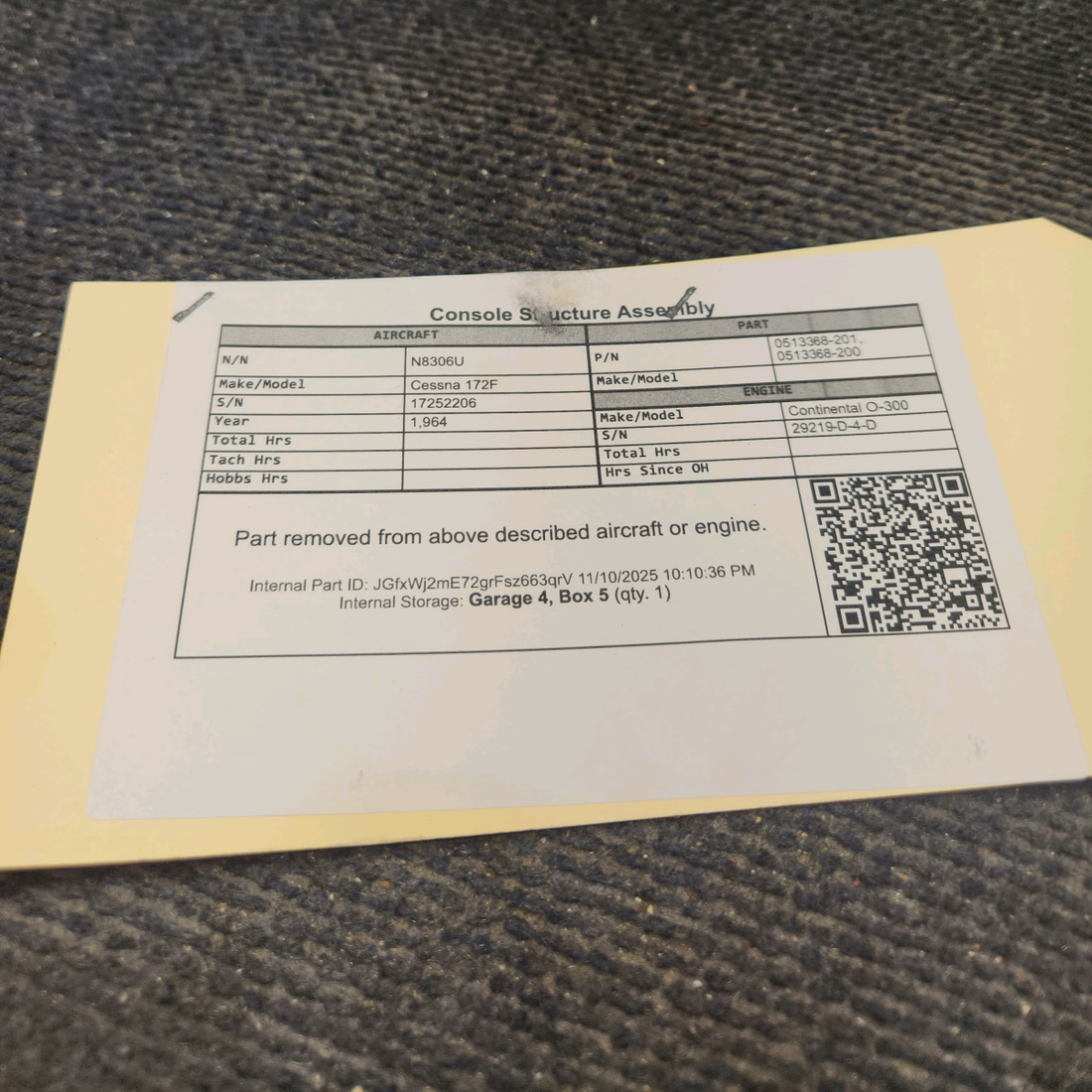Used aircraft parts for sale, 0513368-201, 0513368-200 Cessna 172F Console Structure  Assembly