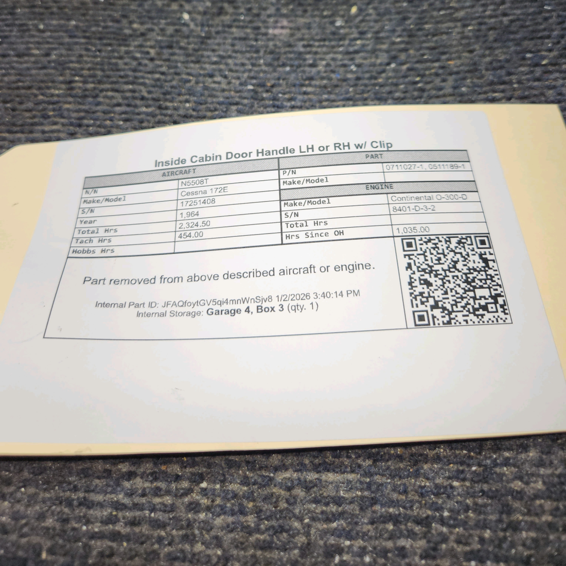 Used aircraft parts for sale, 0711027-1, 0511189-1 Cessna 172E Inside Cabin Door Handle LH or RH w/ Clip